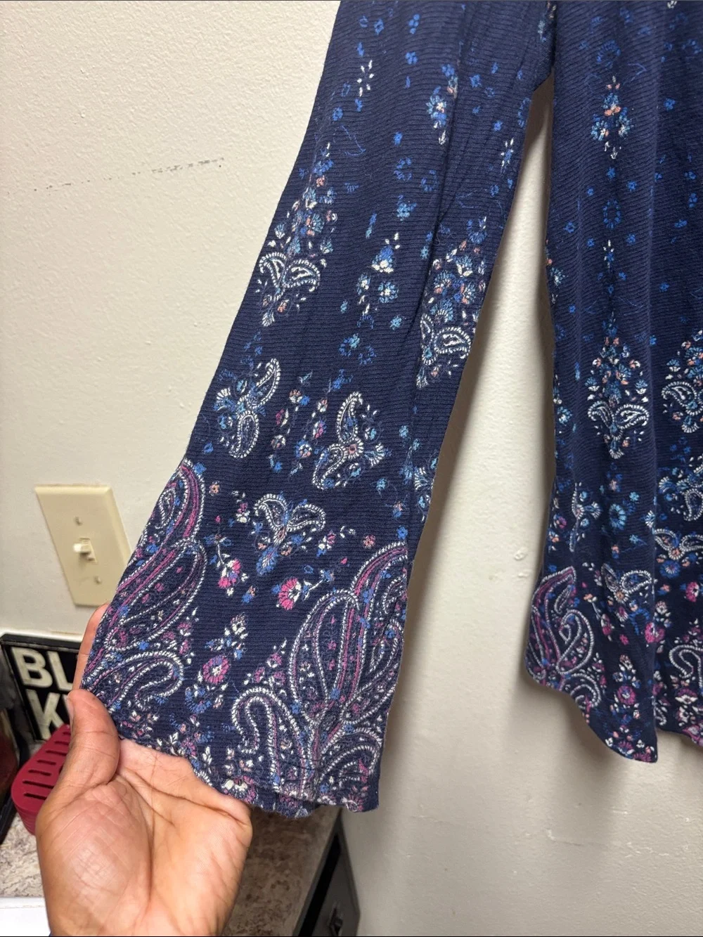 Lucky brand navy Blue Boho Paisley Tassel Tie Peasant Top Size M 3/4 sleeve - Picture 6 of 8